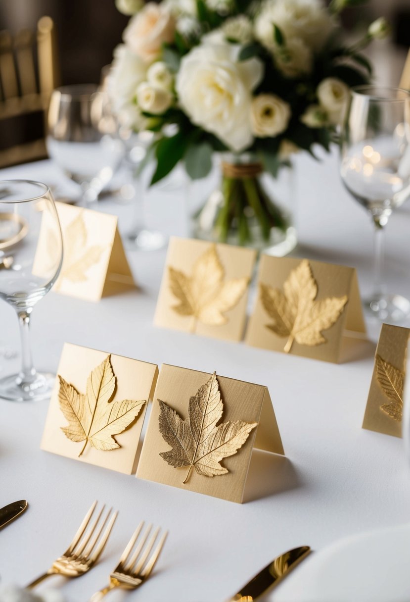 Gold leaf place cards arranged on a white table next to elegant floral centerpieces at a wedding reception