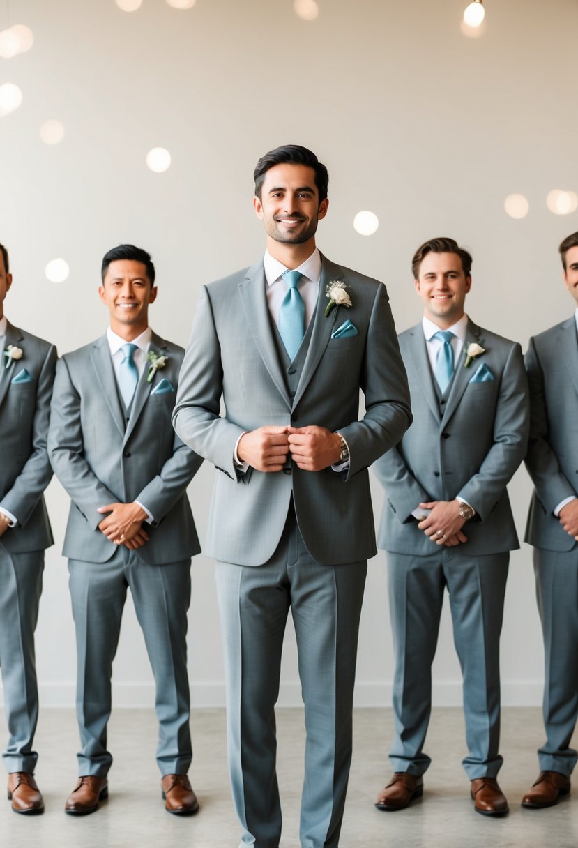 Grey groomsmen suits with dusty blue ties and pocket squares stand against a neutral background