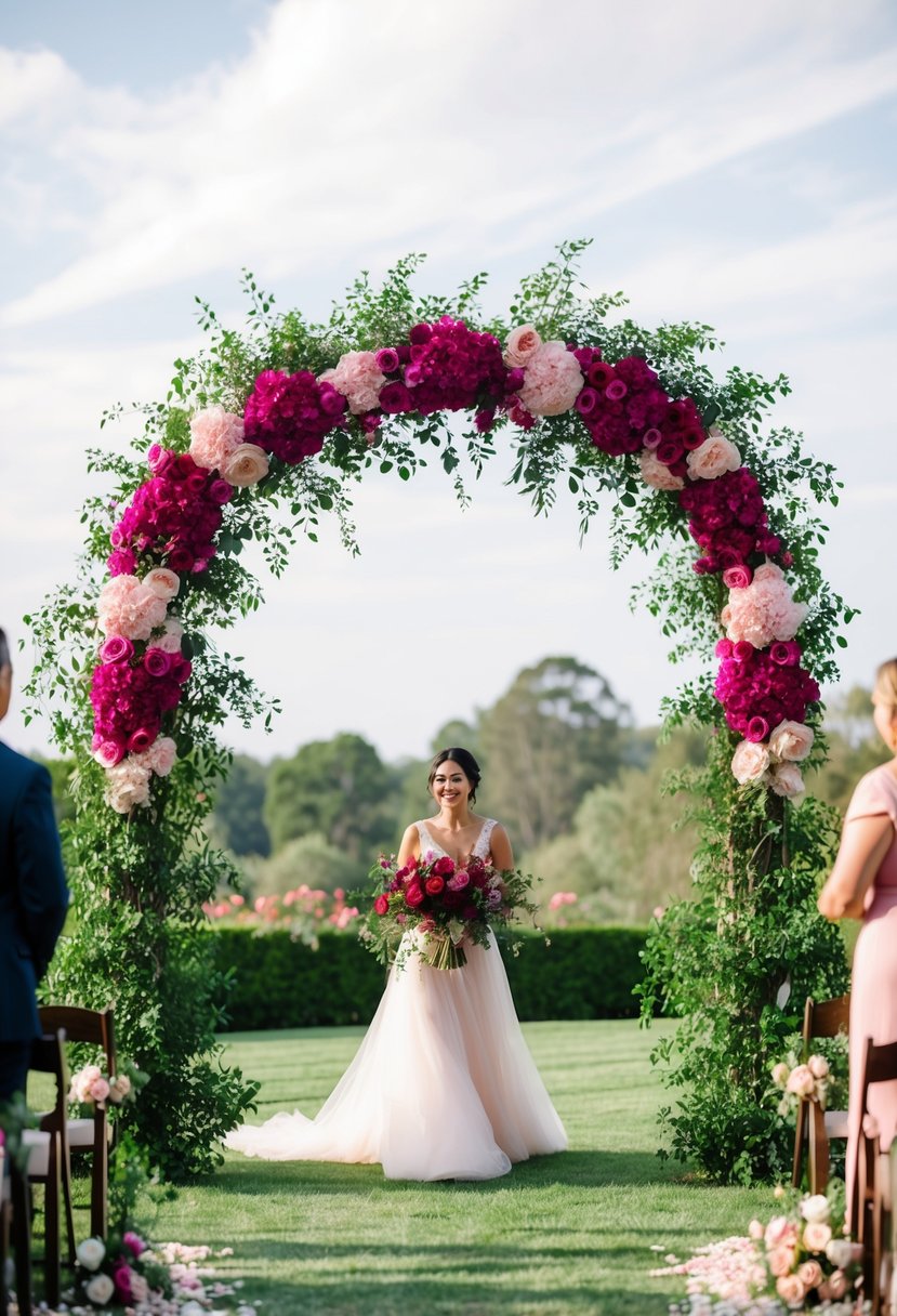 A lush wedding arch adorned with magenta and blush flowers