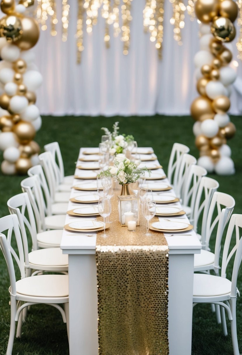 A white table adorned with gold sequin runners, surrounded by gold and white wedding decor