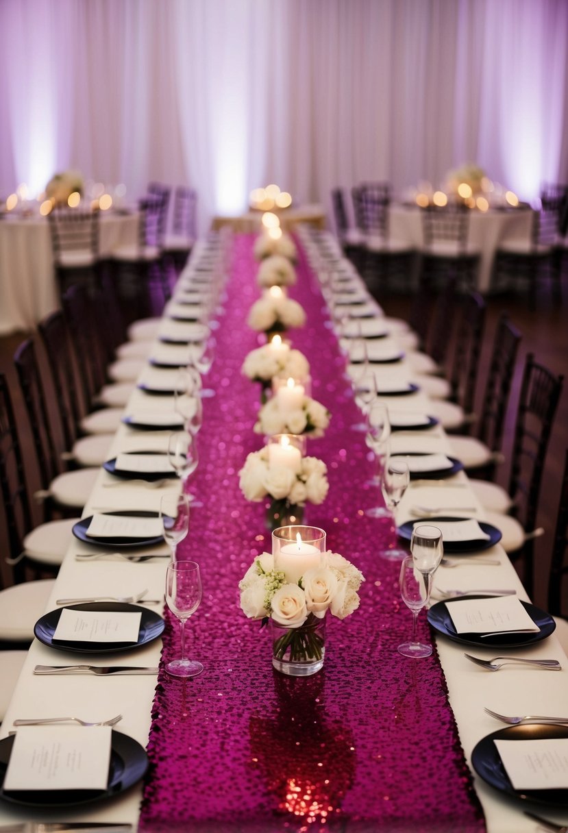 A long table covered in deep magenta sequin runners, set for a glamorous wedding reception