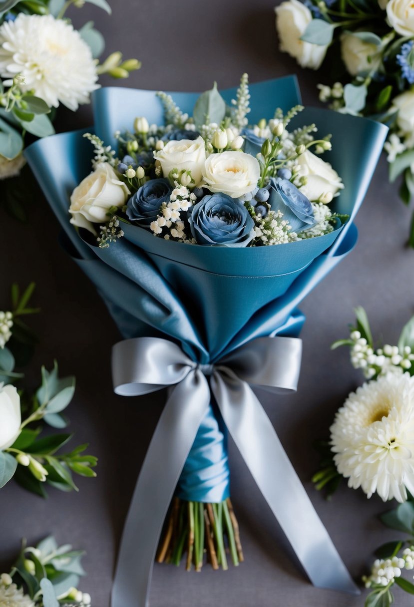 A dusty blue wedding bouquet wrapped with grey ribbon, surrounded by matching floral decor