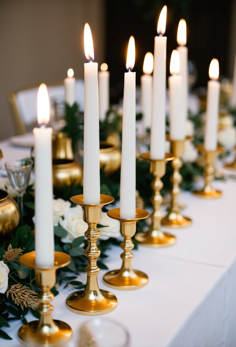 Gold candle holders with lit white candles arranged on a white tablecloth, surrounded by gold and white floral decorations