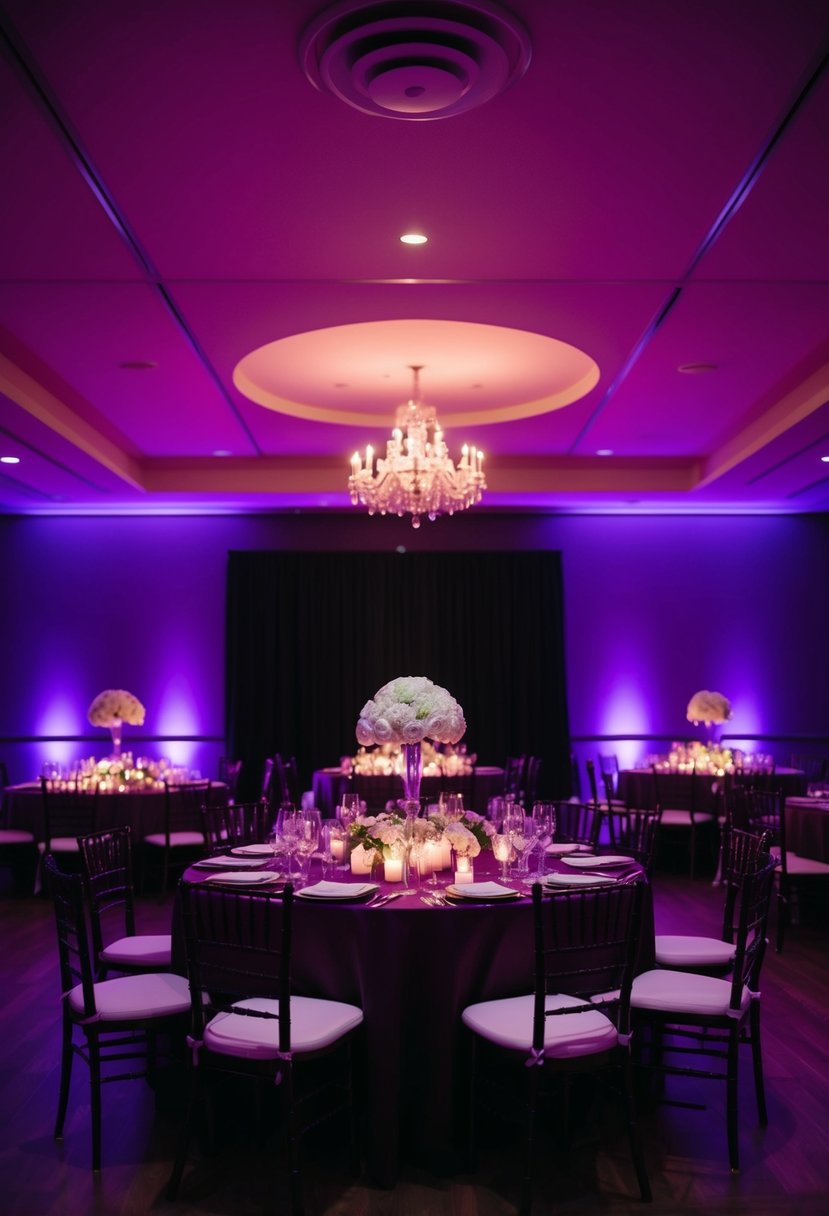 A dimly lit room with deep magenta lighting, casting a romantic ambiance over a wedding reception