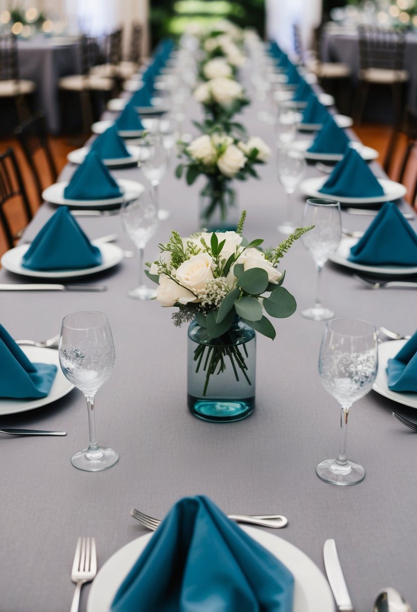 Grey table linens with dusty blue napkins arranged in a wedding reception setting