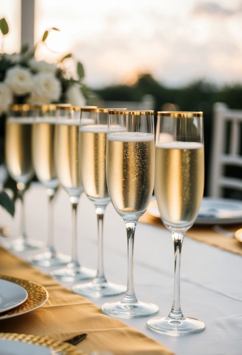 Champagne glasses with gold rims on a gold and white wedding table