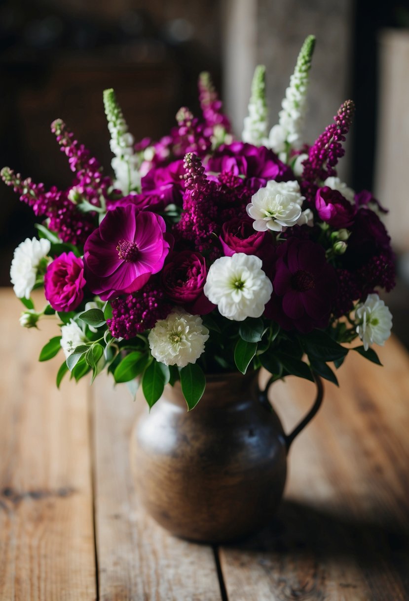 A lush bouquet of deep magenta and white flowers in a rustic vase on a wooden table