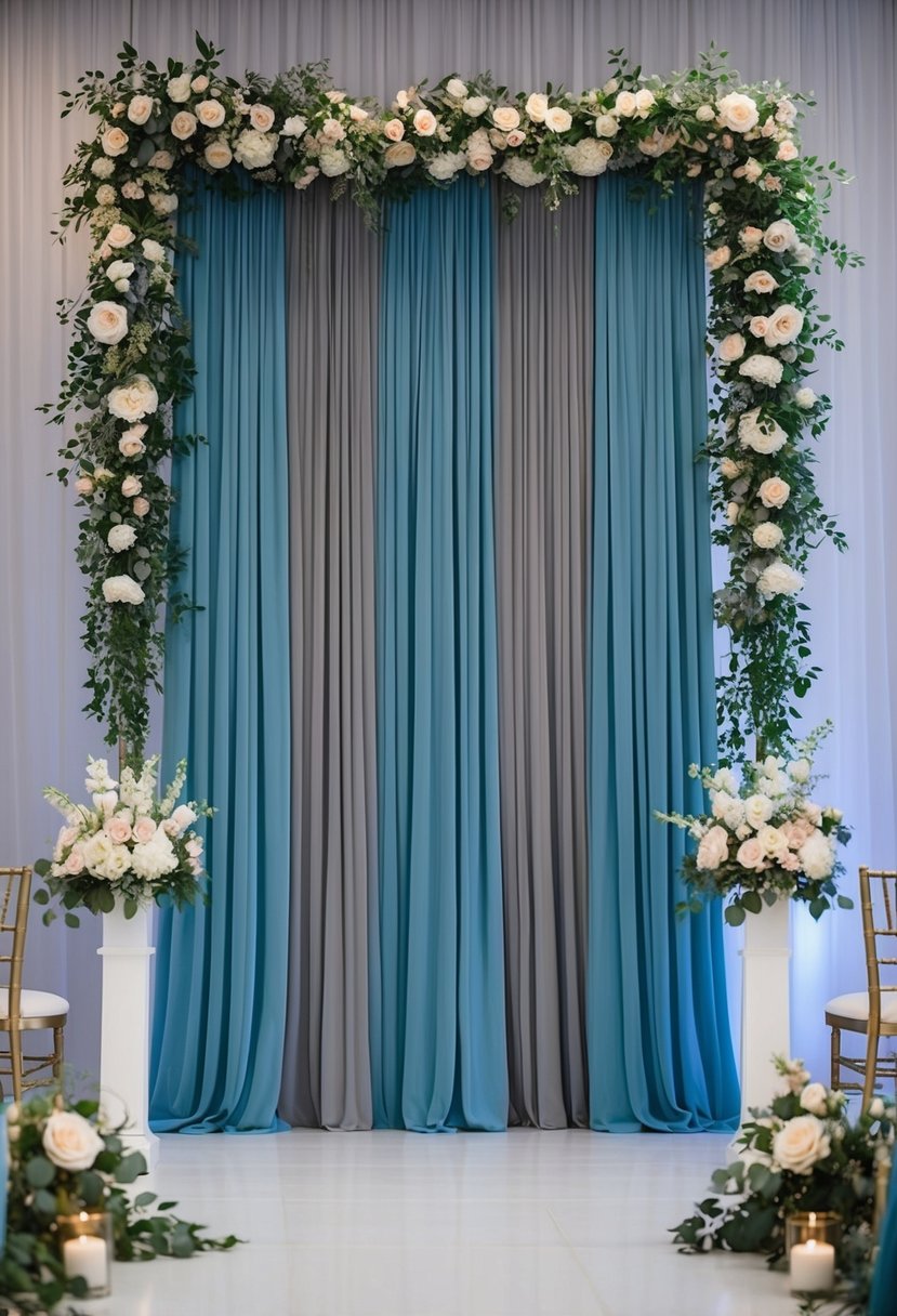 A dusty blue and grey ceremony backdrop with cascading fabric and floral arrangements