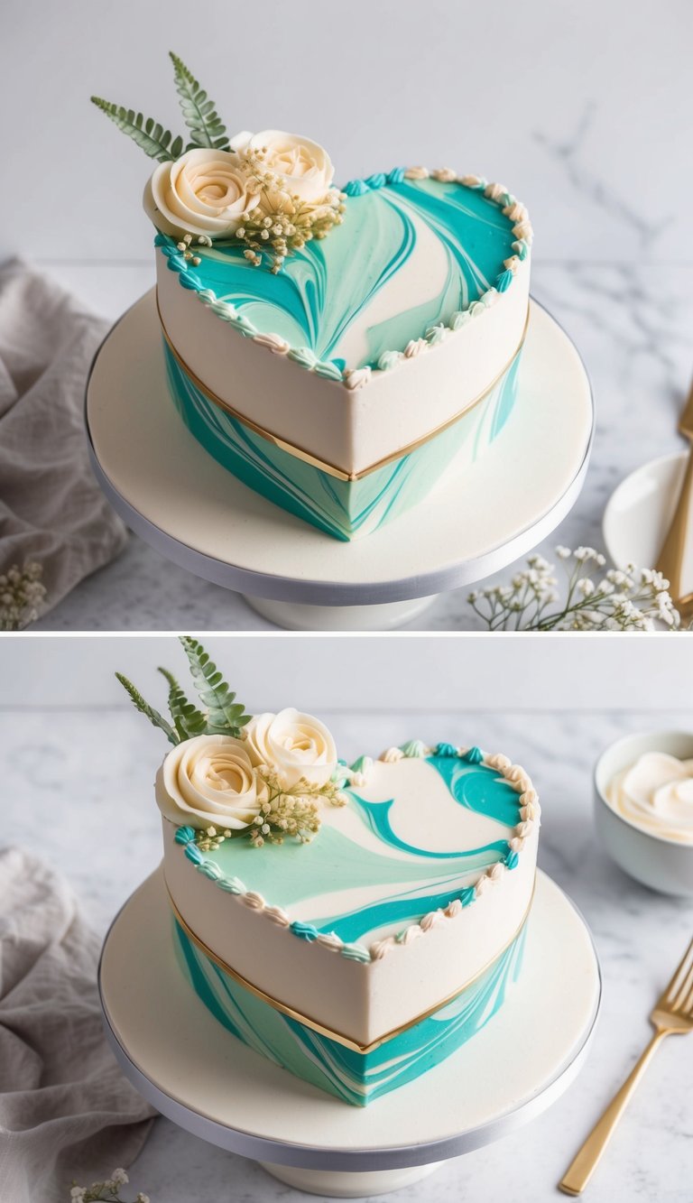 A heart-shaped cake covered in marbled fondant, adorned with modern and creative decorations