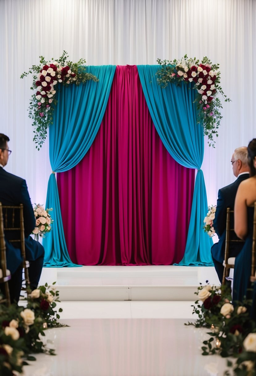 A deep magenta and teal ceremony backdrop with elegant drapery and floral accents