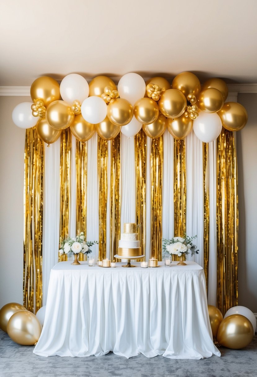 A festive backdrop of gold and white balloons for a wedding celebration