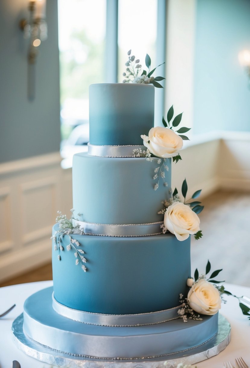 A three-tiered wedding cake in chic dusty blue and grey colors, adorned with delicate floral details and silver accents