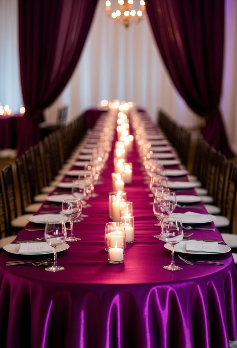 Deep magenta satin table drapes cascading down a long banquet table, with flickering candlelight reflecting off the smooth fabric