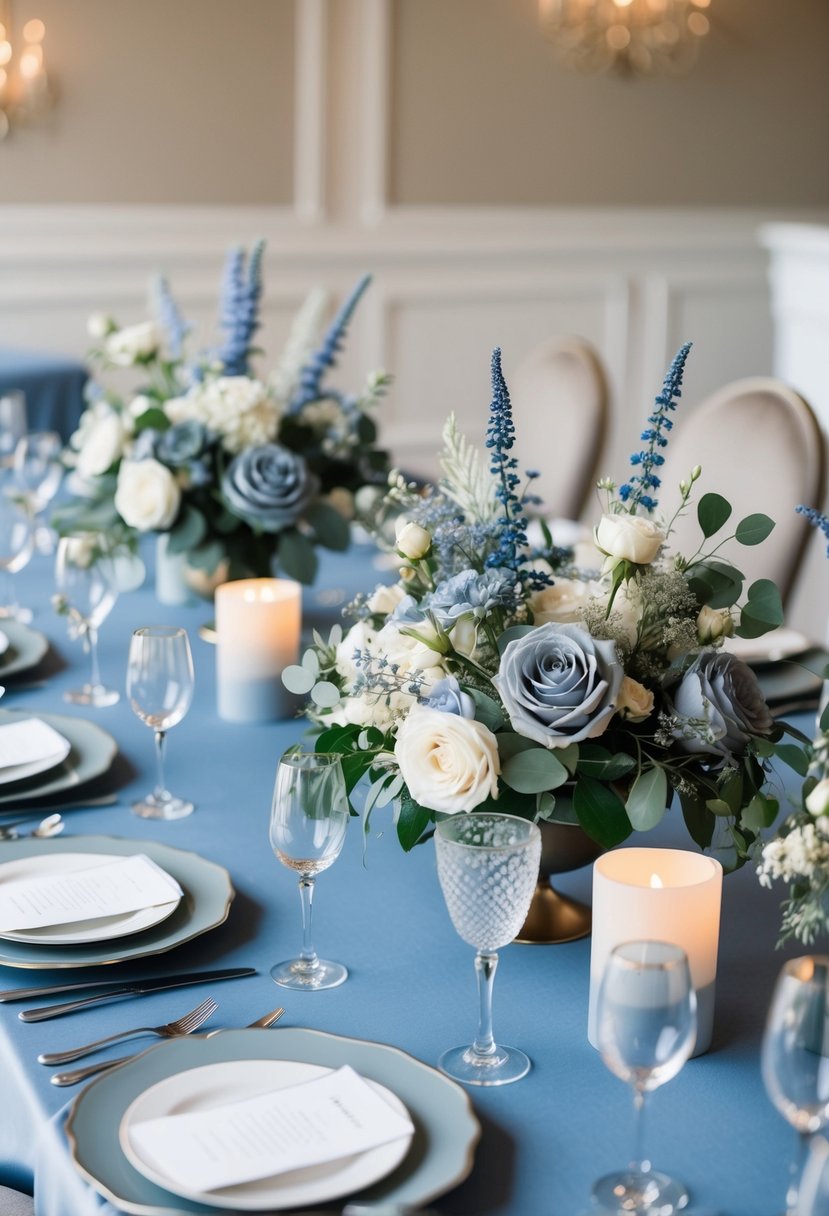 A table adorned with dusty blue and grey wedding centerpieces, featuring elegant floral arrangements and delicate accents