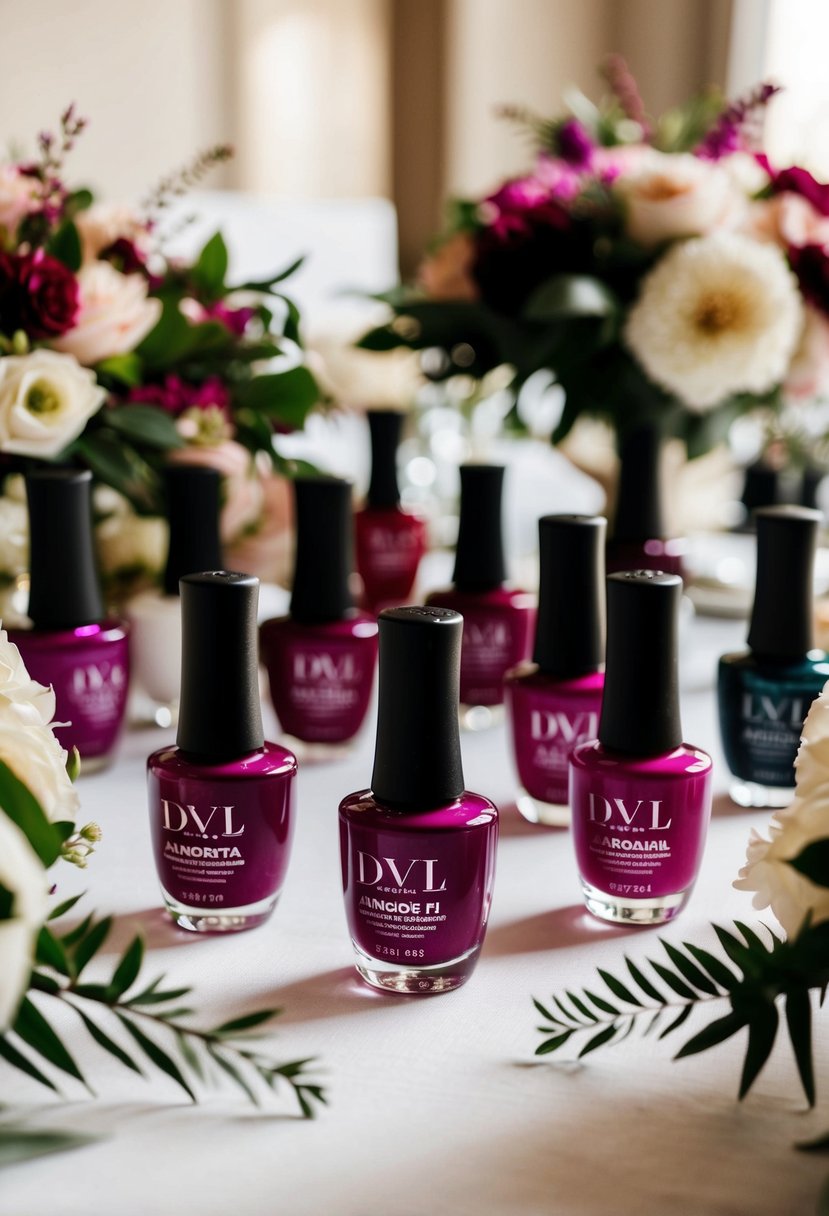 A table set with deep magenta nail polish bottles, surrounded by floral arrangements and wedding decor