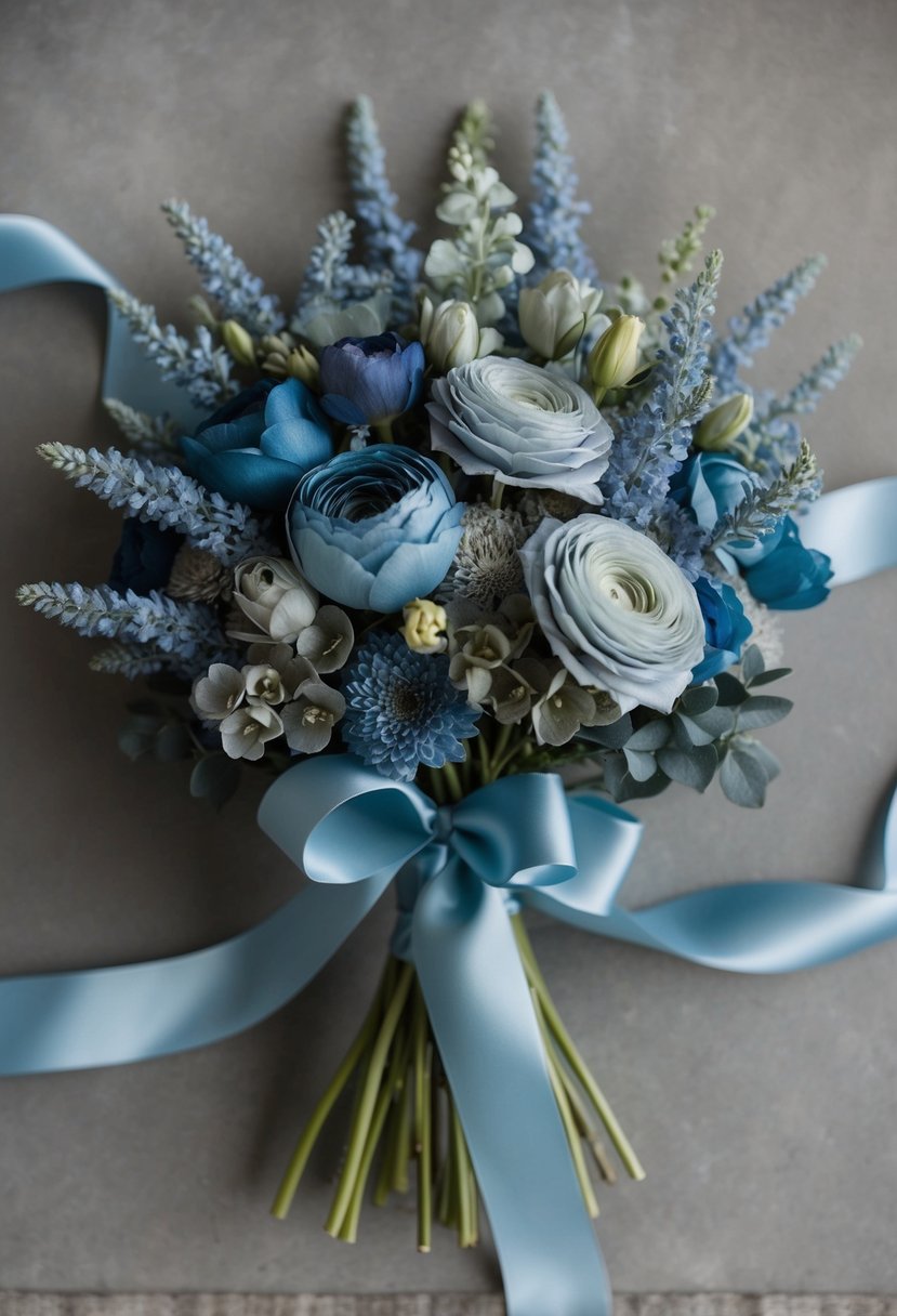 A bouquet of dusty blue silk ribbon wrapped around a collection of flowers in shades of dusty blue and grey