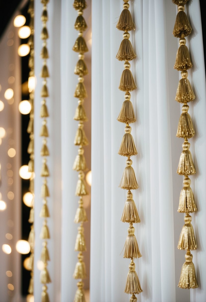 A white drapery adorned with gold tassels cascading down in an elegant and luxurious display