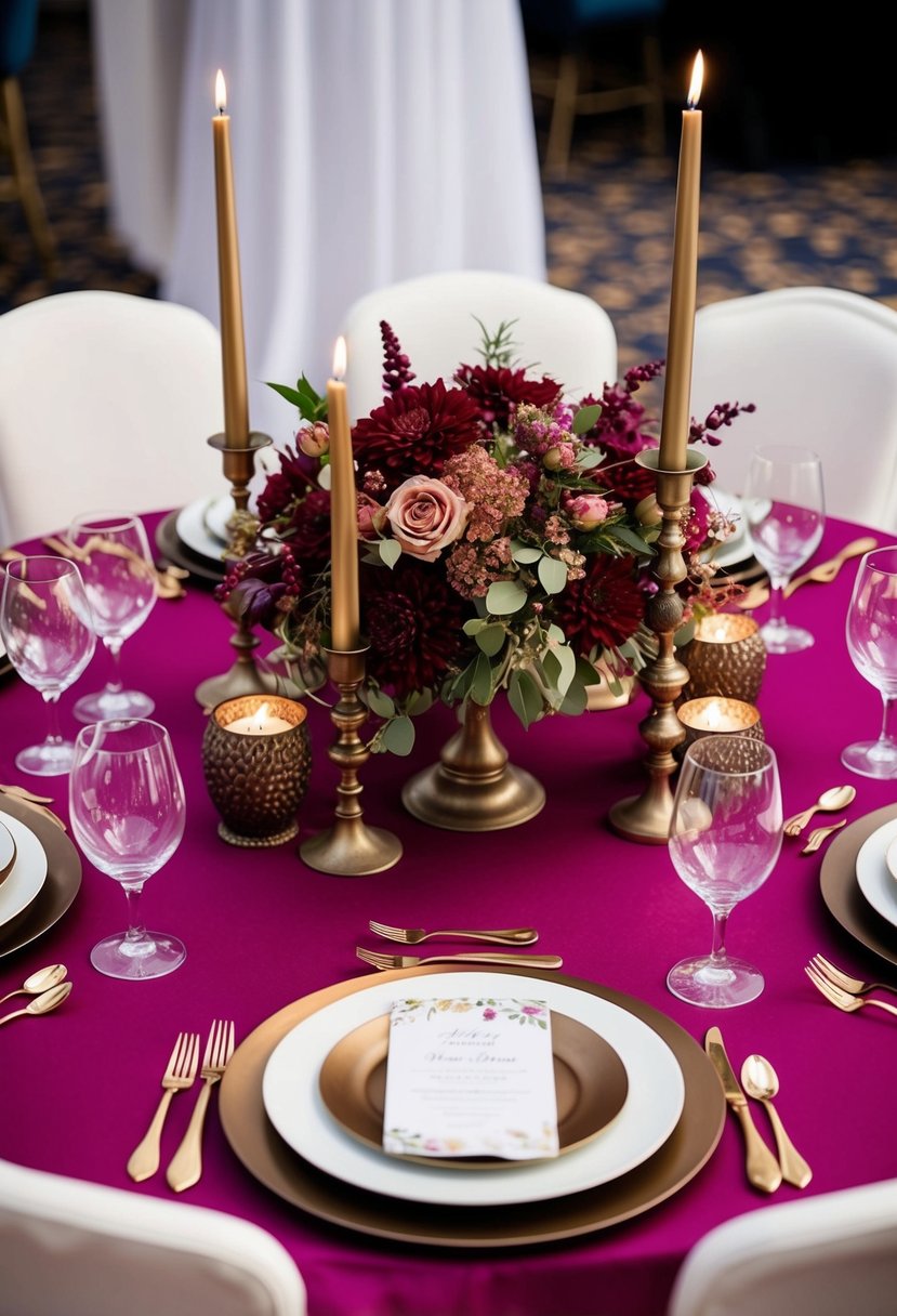 A round table adorned with magenta and bronze centerpieces, featuring rich floral arrangements and elegant candle holders