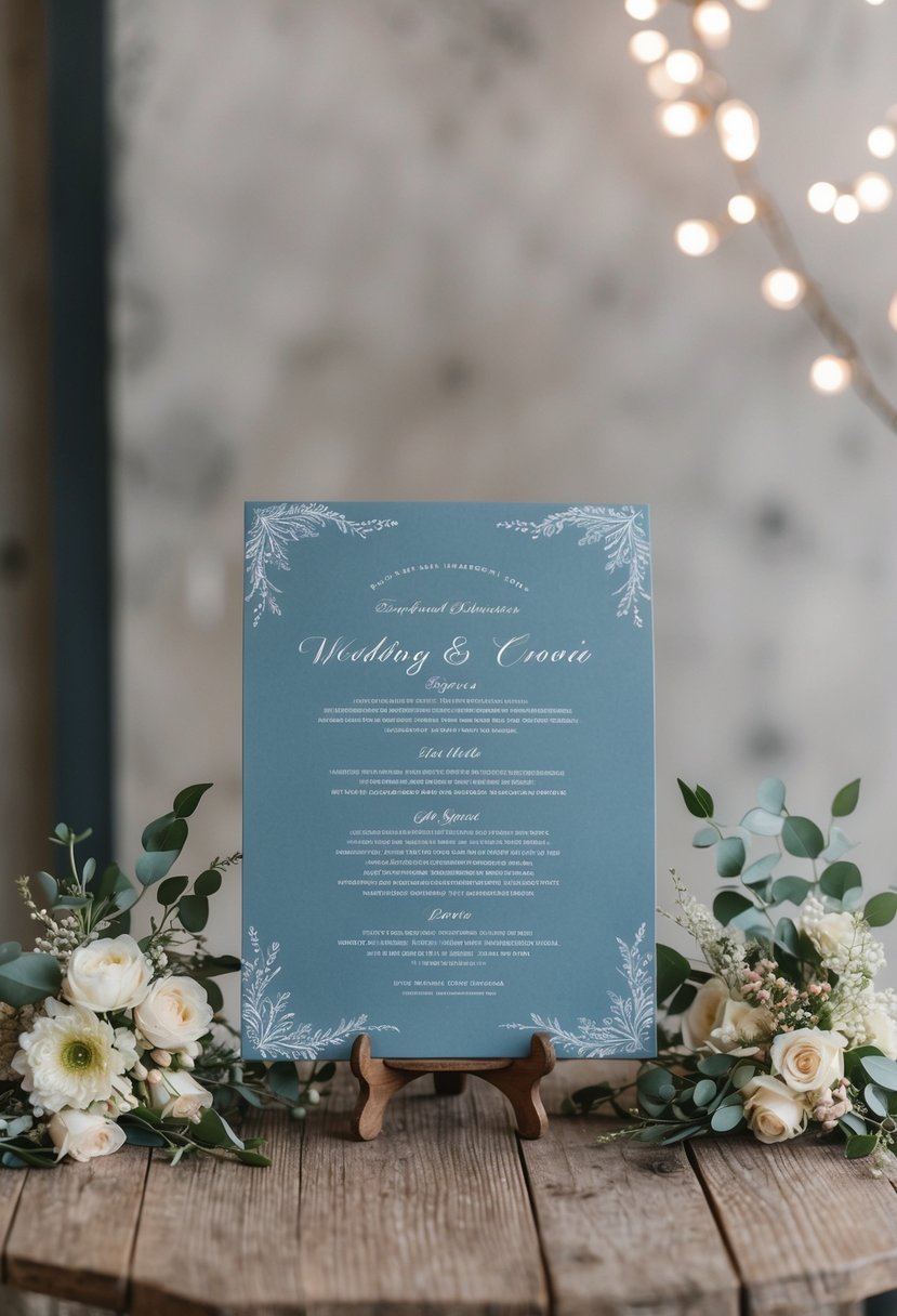 A dusty blue and grey wedding program displayed on a rustic wooden table with delicate floral accents