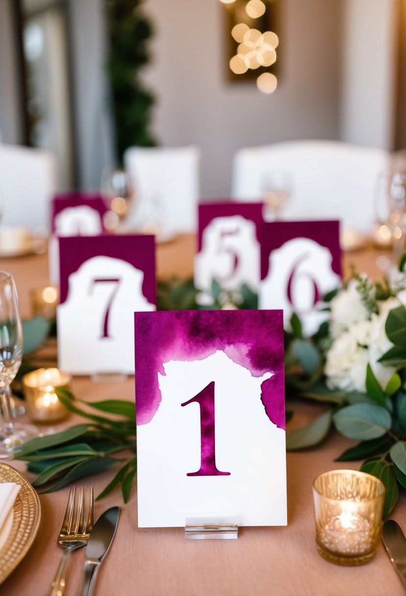 A set of deep magenta watercolor table numbers arranged on a table with coordinating wedding decor