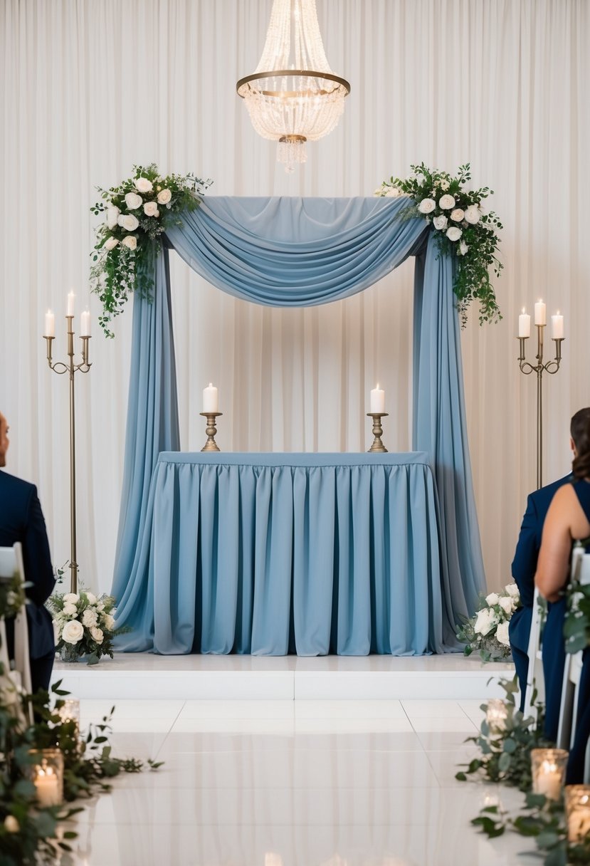 A dusty blue draped altar adorned with grey accents for a wedding