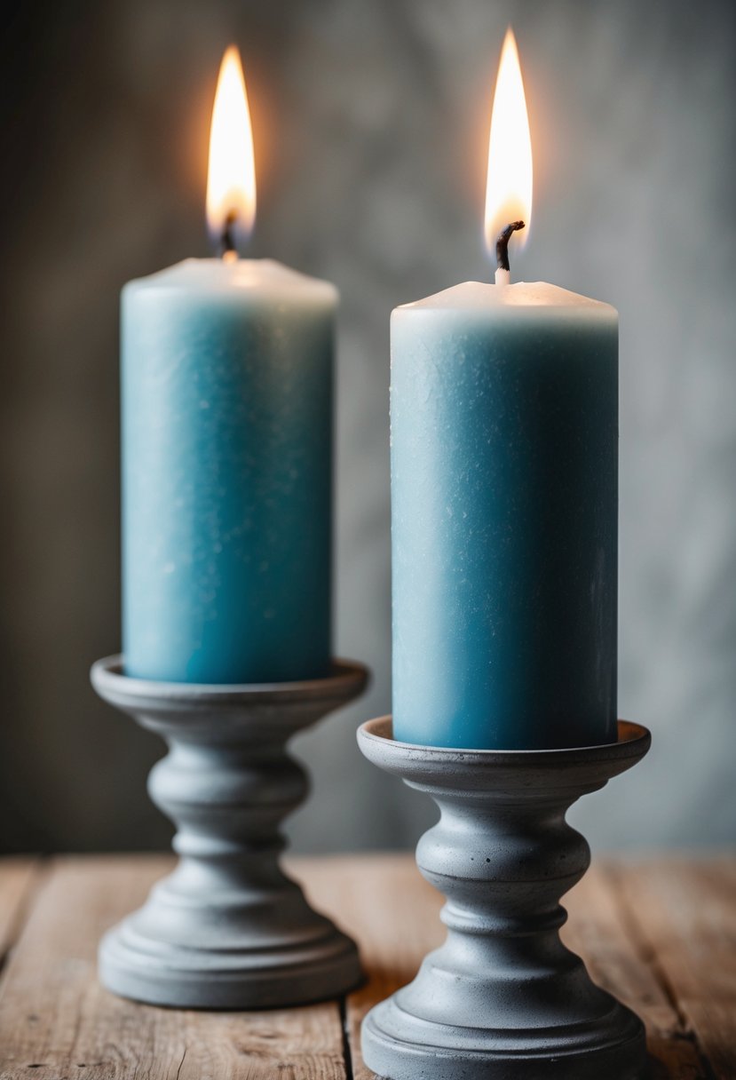 Two rustic grey candle holders with dusty blue candles