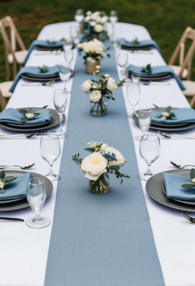 Dusty blue table runners with grey accents on a decorated wedding table