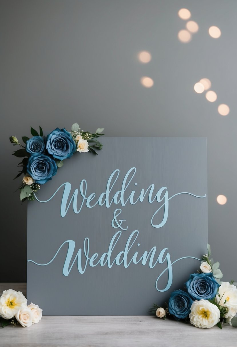 A grey wedding sign with dusty blue calligraphy against a muted grey background