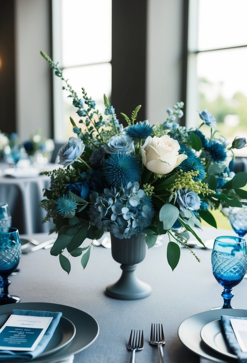 A table adorned with dusty blue floral arrangements in a grey-toned wedding setting