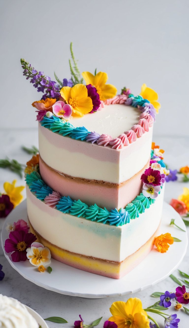 A heart-shaped cake adorned with vibrant watercolor-inspired frosting, surrounded by an array of colorful edible flowers and delicate icing designs