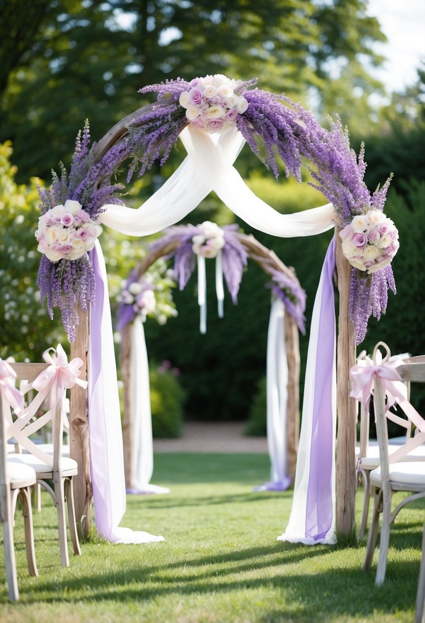 A serene garden with lavender-hued flowers, soft pastel decor, and delicate ribbons adorning a rustic wedding arch