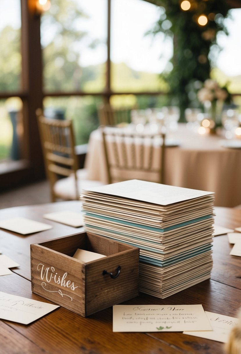 A table with a stack of vintage postcards and a rustic wooden box for guests to write and drop their well-wishes