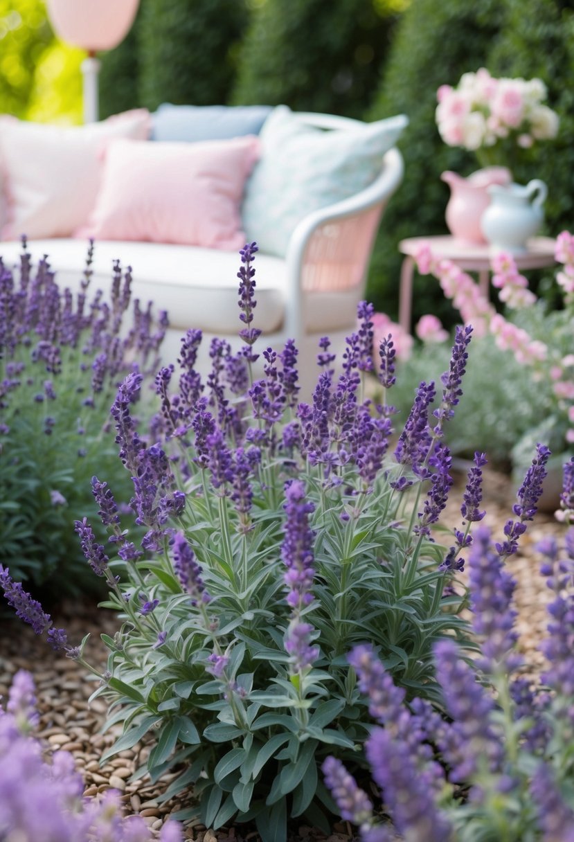 A peaceful garden with lavender and sage flowers in full bloom, surrounded by delicate pastel decor