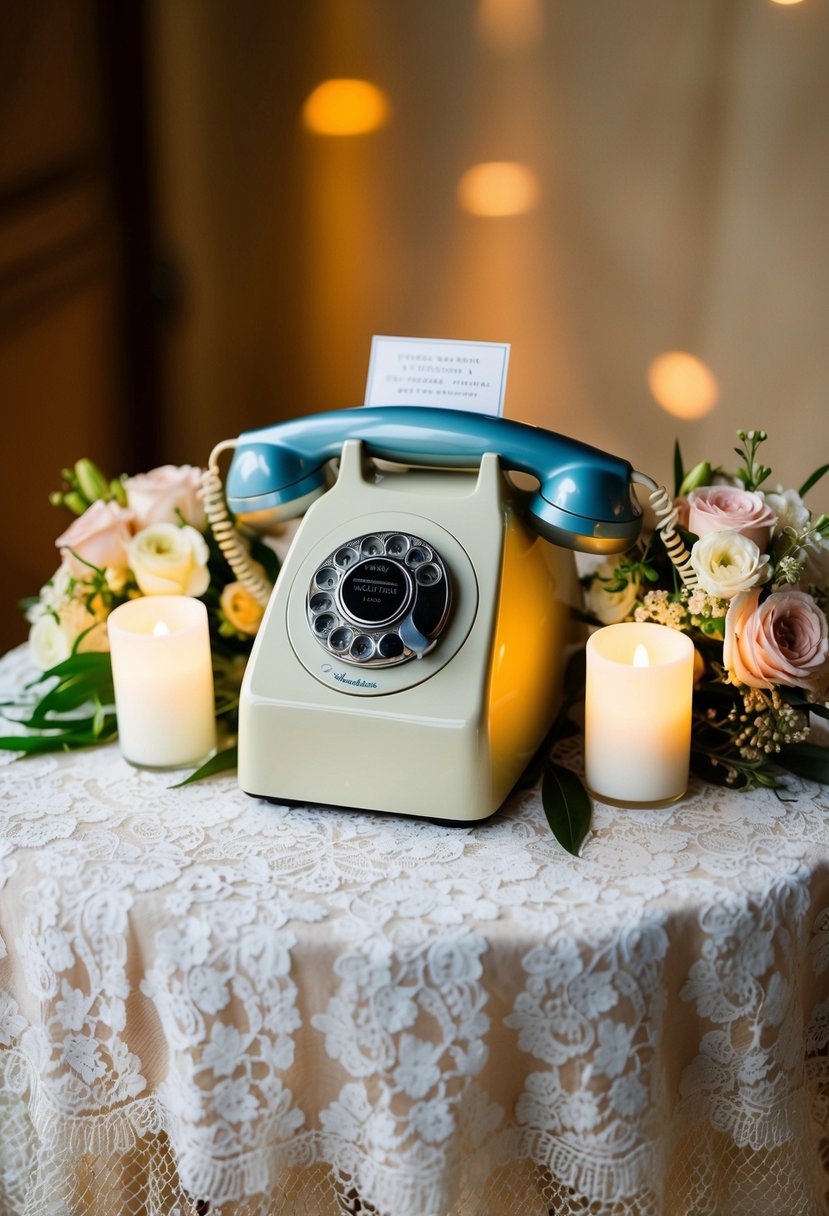 A vintage rotary phone sits atop a lace-covered table, surrounded by floral arrangements and softly glowing candles. A small sign invites guests to leave their well-wishes on the answering machine