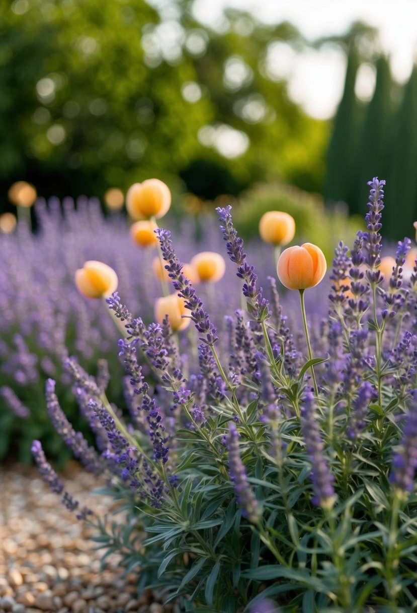 A serene garden with lavender and peach flowers in full bloom