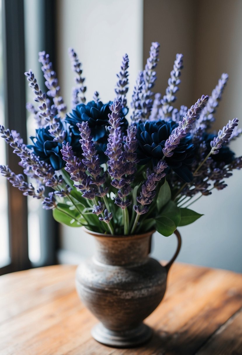 A beautiful bouquet of lavender and navy blue flowers in a rustic vase