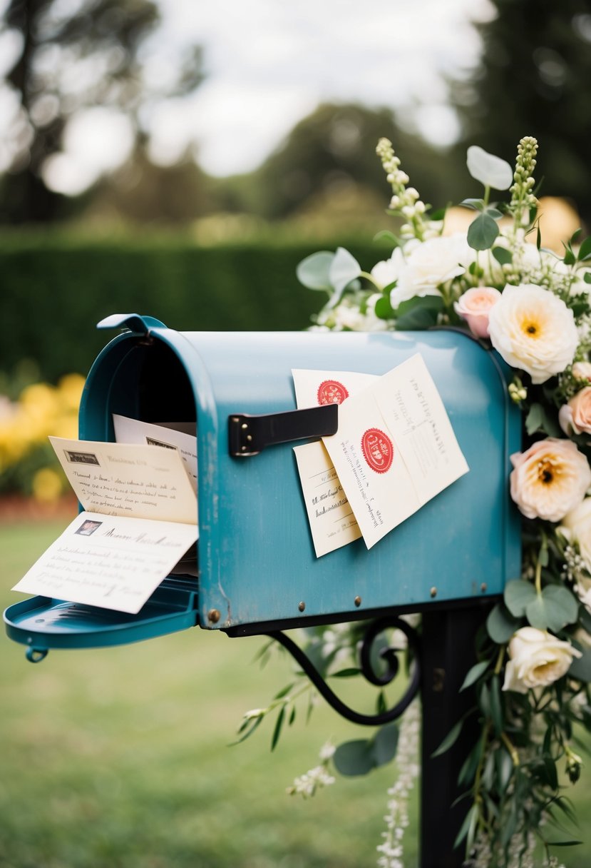 A vintage mailbox filled with postcard notes, surrounded by flowers and wedding decor