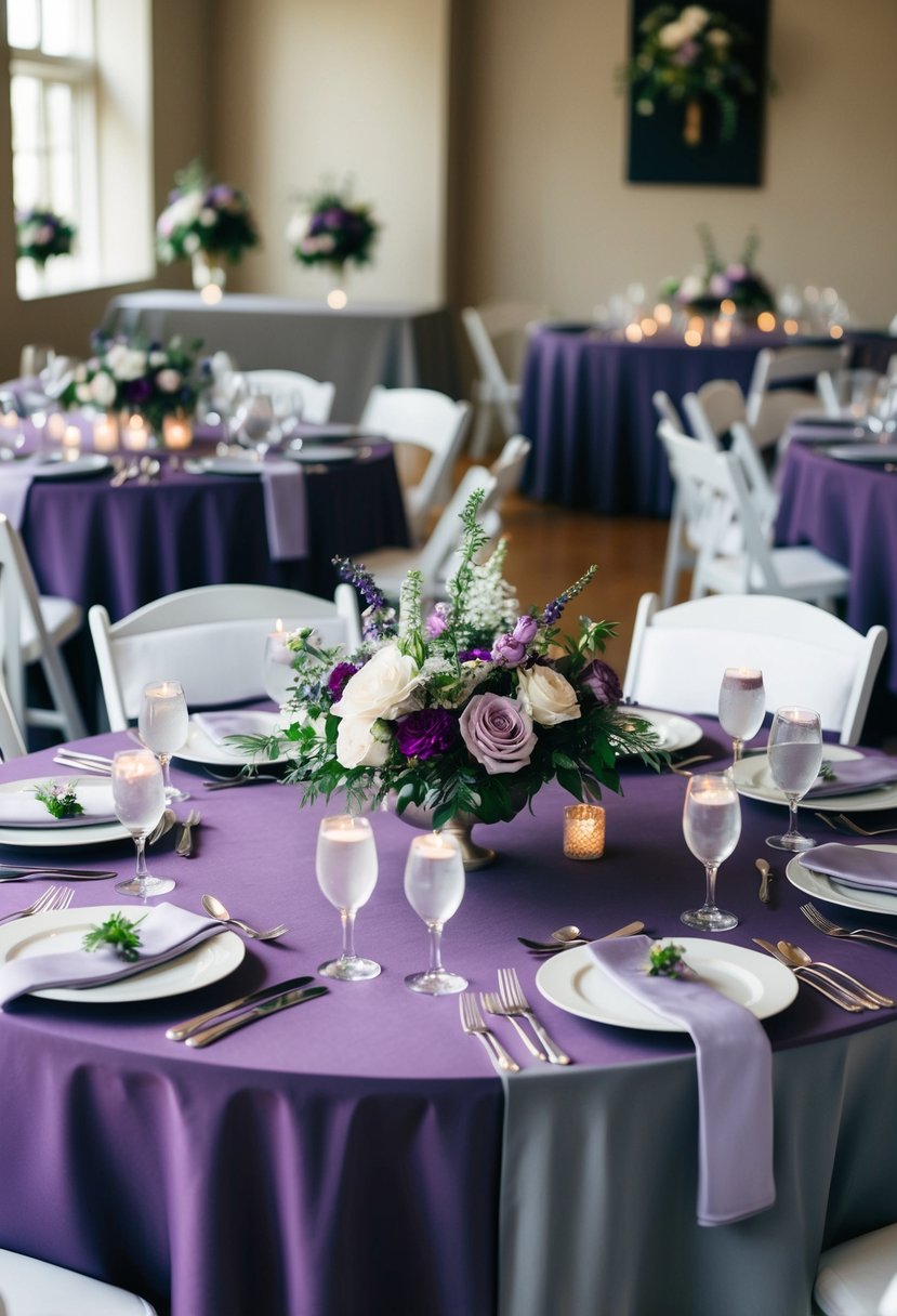 A wedding table set with purple and gray tablecloths, floral centerpieces, and elegant place settings