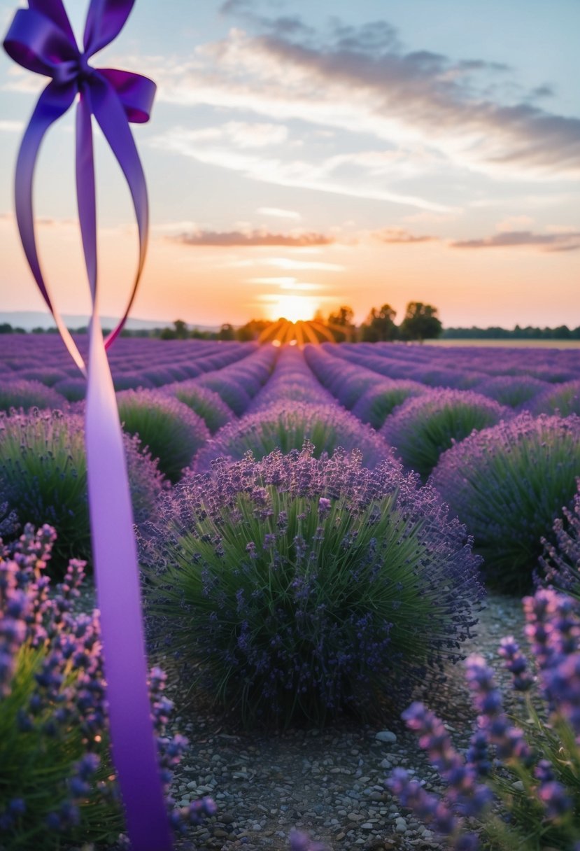 A lavender field at sunset, with violet accents in the decor, such as ribbons and flowers