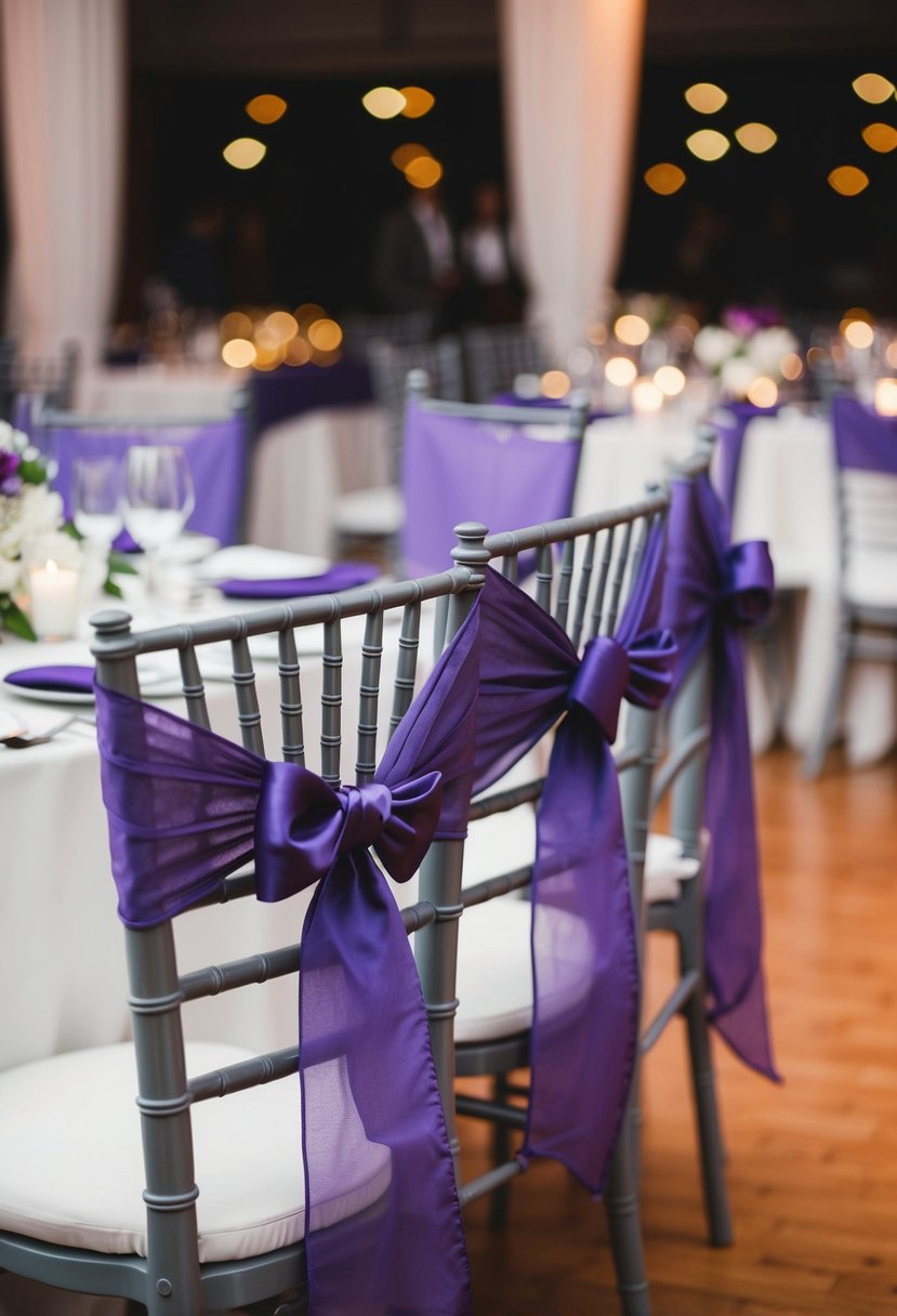 Dusty purple sashes tied to gray chairs at a wedding reception