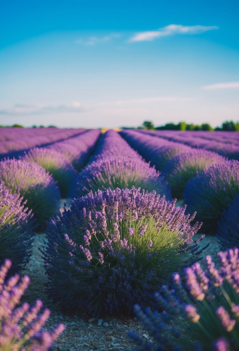 A lush lavender field under a clear royal blue sky