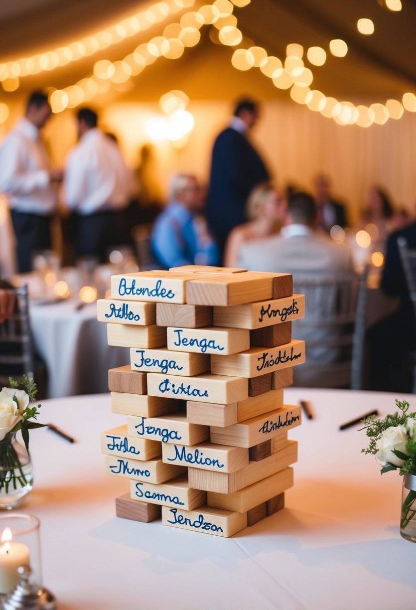 A stack of Jenga blocks arranged as a guest book, with guests signing their names on each block at a wedding reception