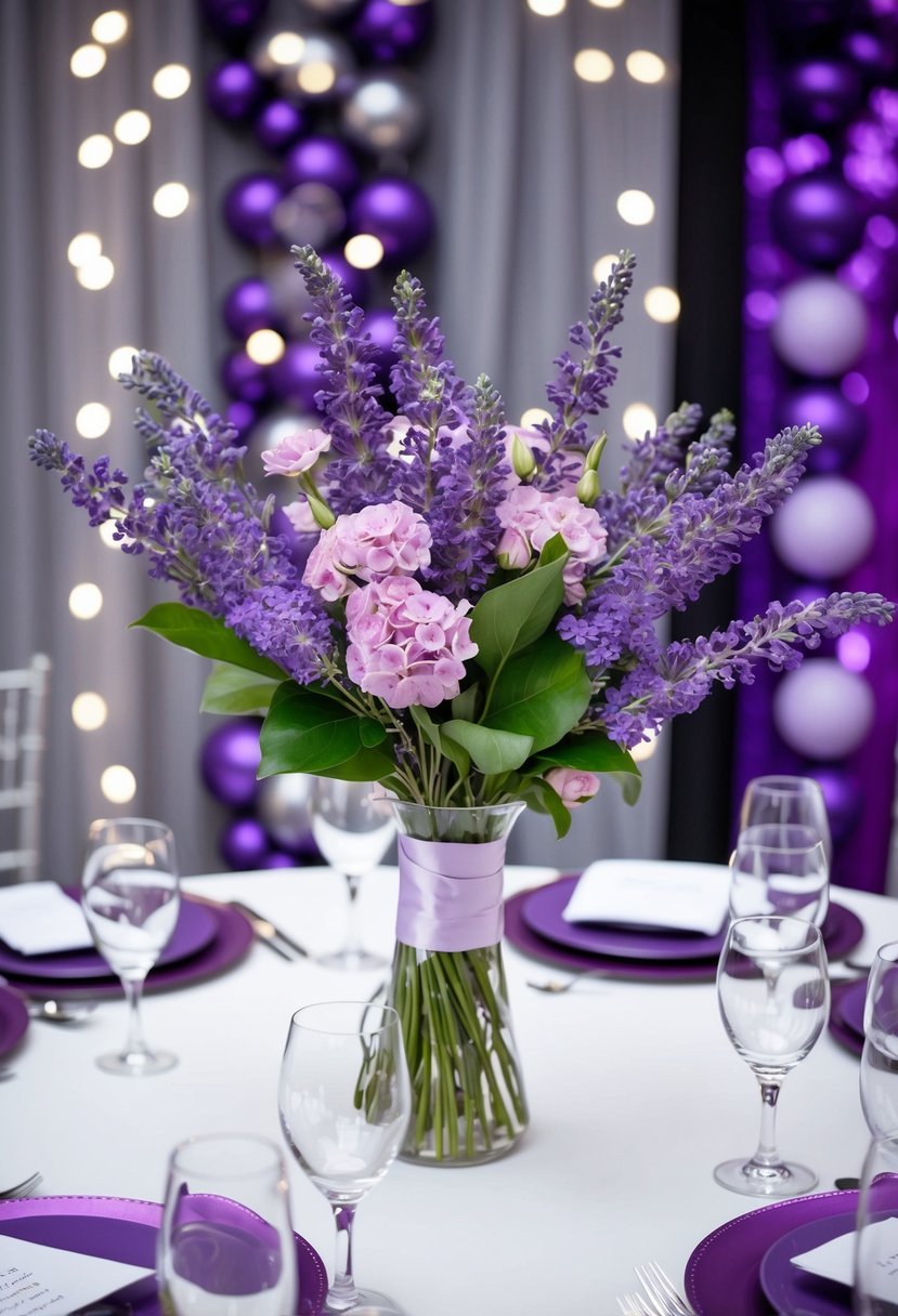 A table adorned with lavender and lilac floral arrangements, set against a backdrop of purple and gray wedding decor