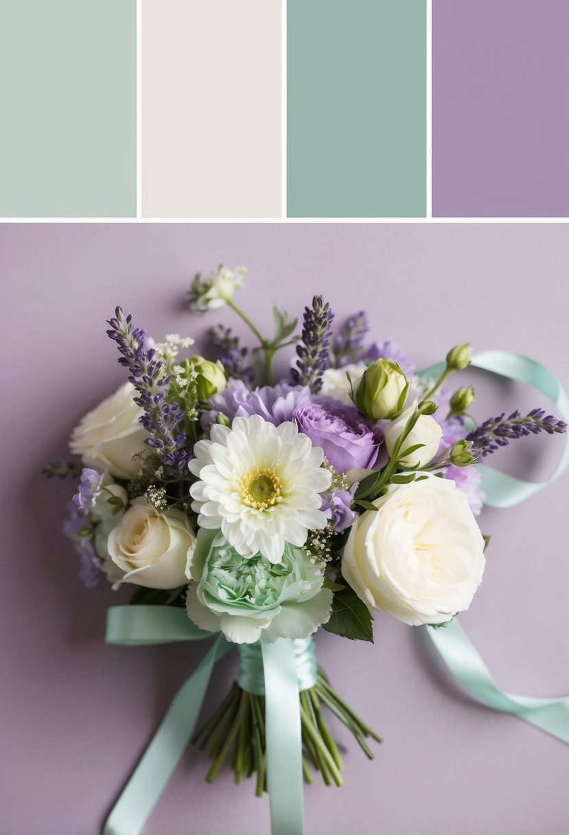 A soft mint and lavender wedding palette with delicate flowers and ribbons