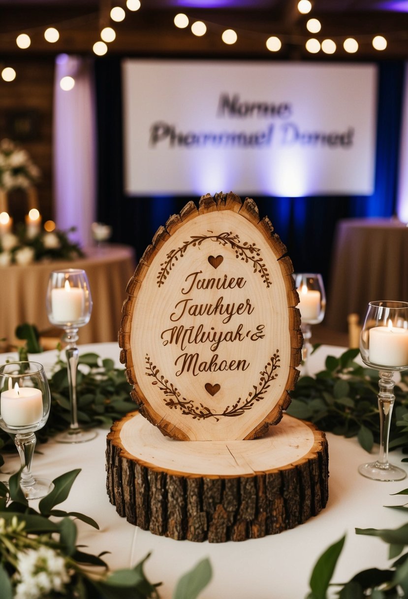 A tree slice with names and messages carved into it, surrounded by a rustic display at a wedding reception