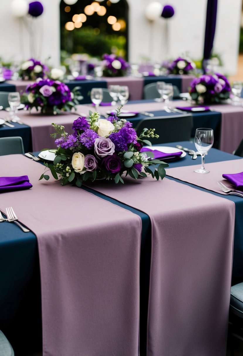 Mauve table runners draped across a table, surrounded by purple and gray wedding decor and floral arrangements