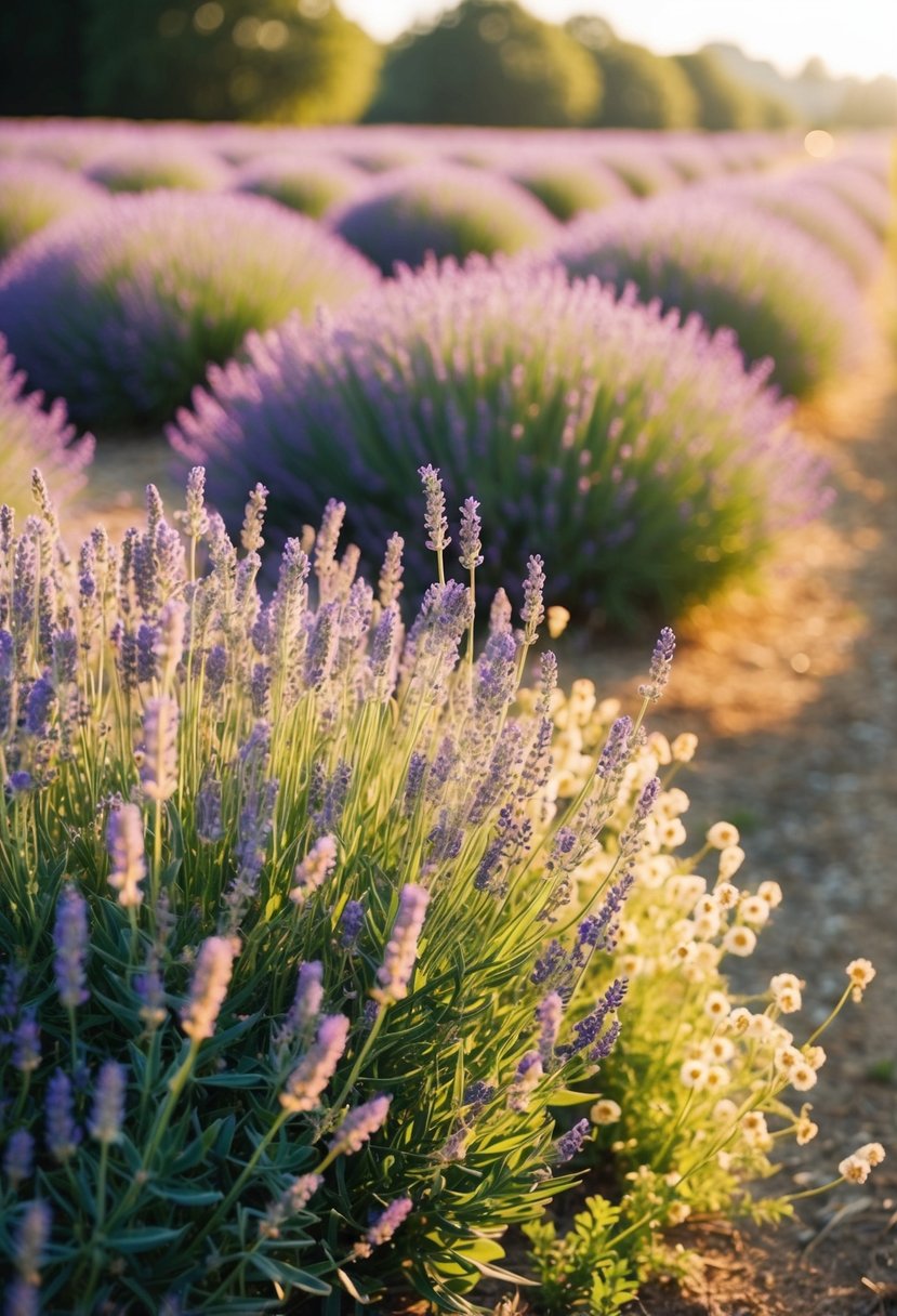 A lush lavender field bathed in golden sunlight, with delicate champagne-colored flowers blooming alongside