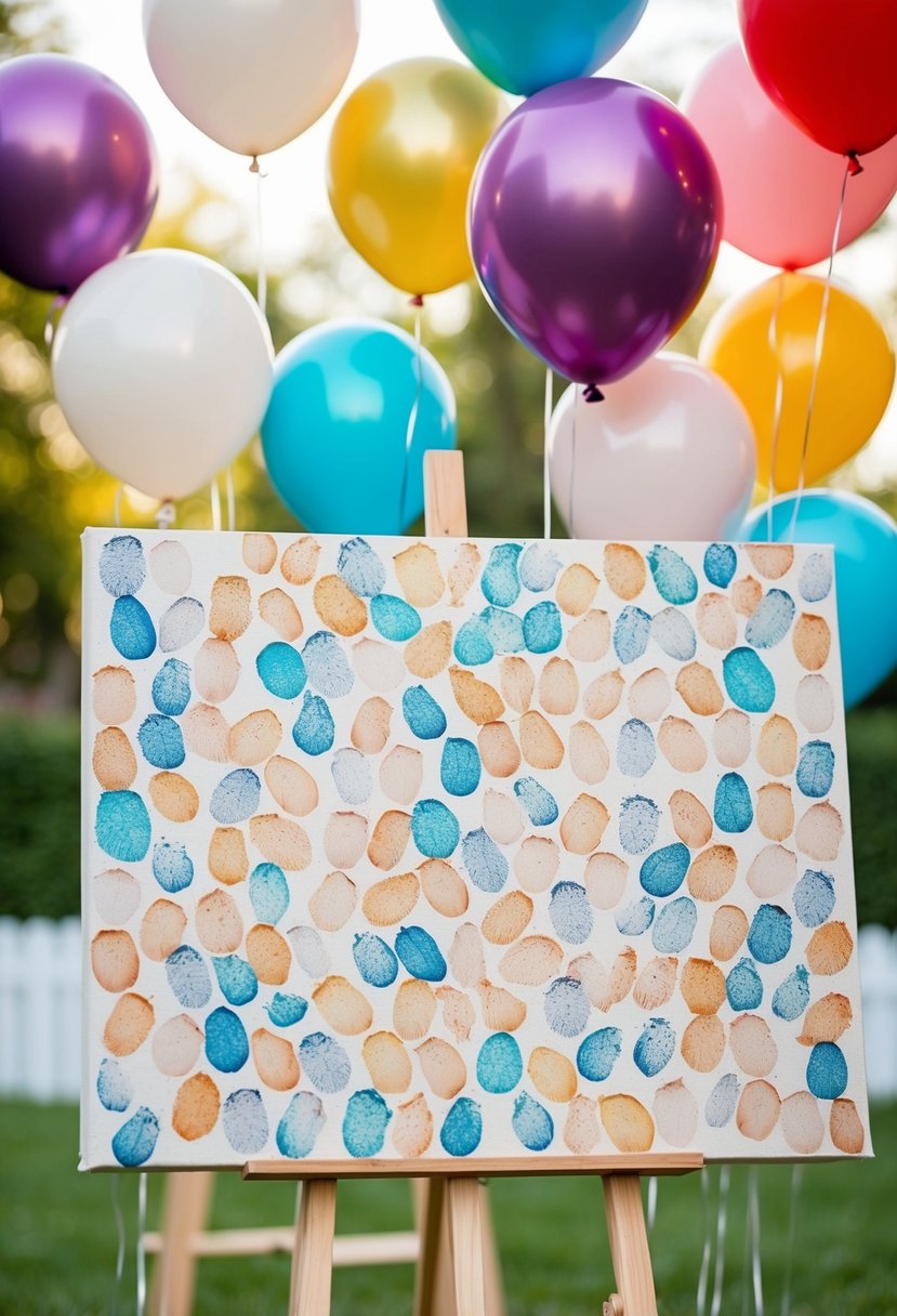 A canvas covered in colorful fingerprint balloons, representing unique wedding guestbook ideas