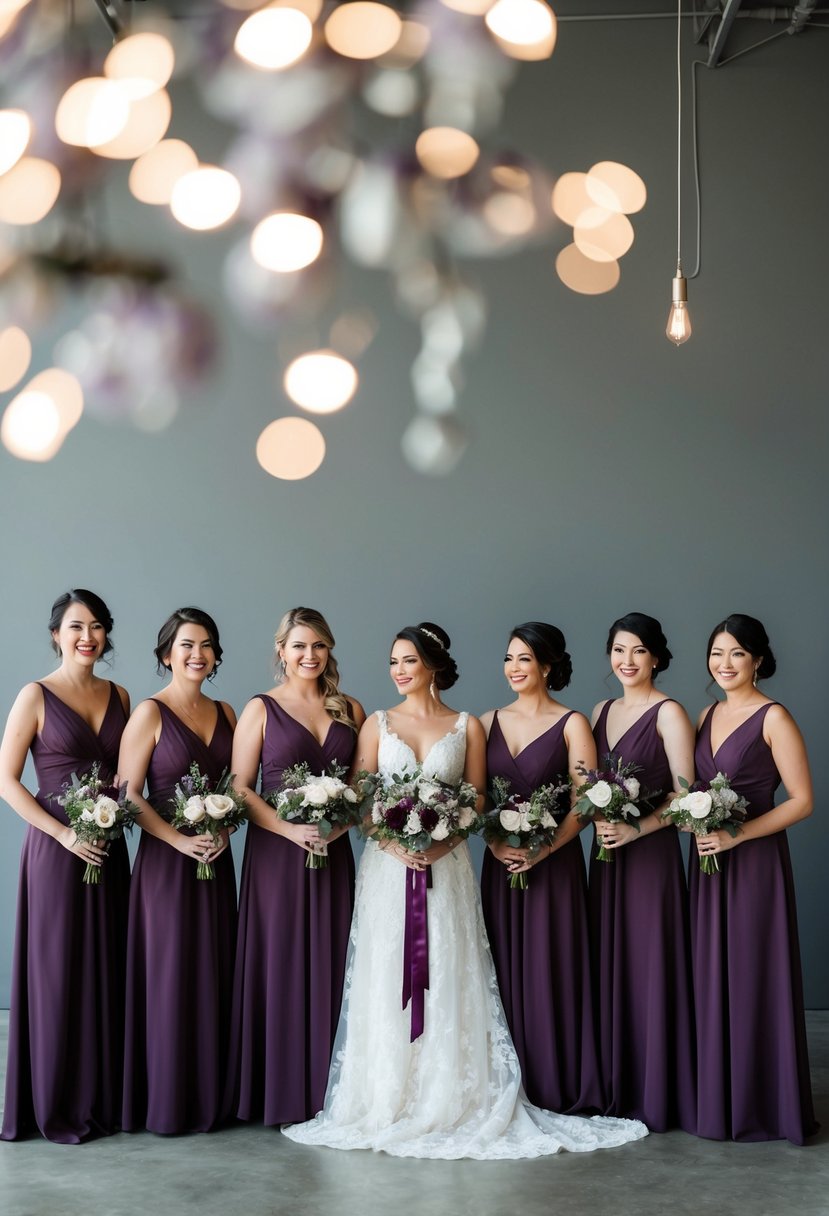 A group of eggplant purple bridesmaid dresses arranged among gray wedding decor