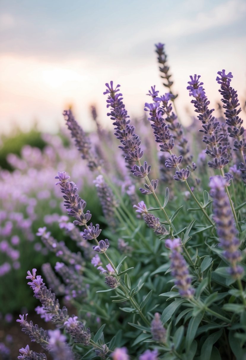 A garden filled with blooming lavender and mauve flowers under a soft, pastel sky